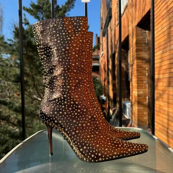 New Jeffrey Campbell Iconic Heeled Studded Boots Shoes Gold Bronze Womens 10